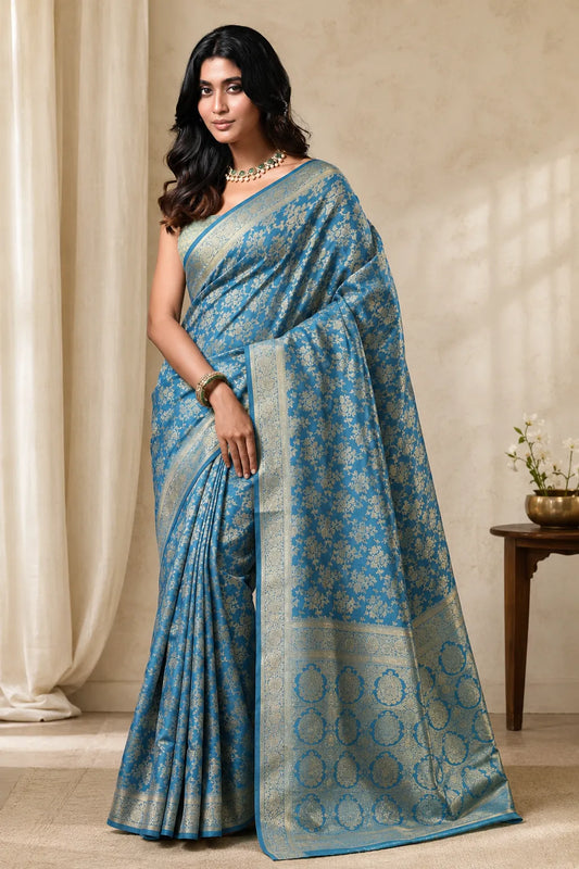 Royal Firozi Blue Banarasi Silk Saree with Floral Jaal Weaving & Rich Zari Pallu