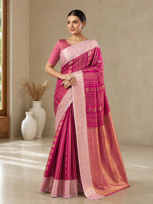 Rani Pink Paithani Silk Saree with Peacock Motifs & Gold Zari Weaving