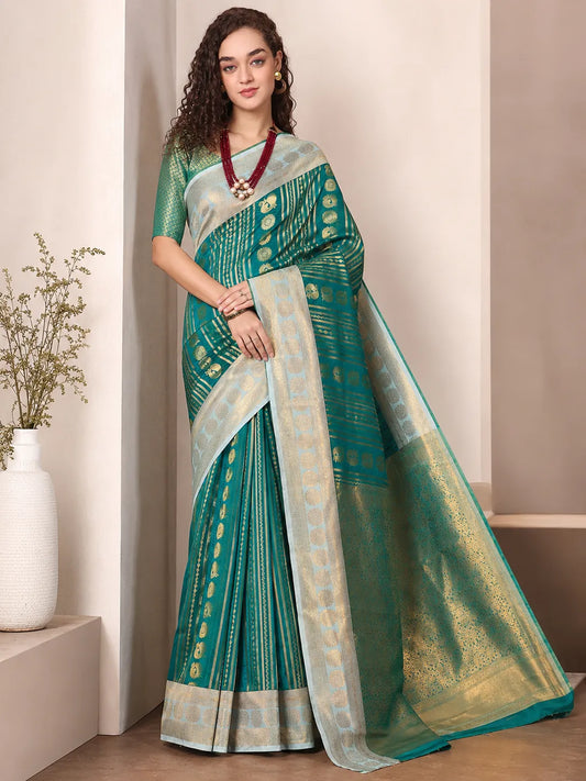 Royal Rama Green Paithani Silk Saree with Peacock Motifs & Silver Zari Border