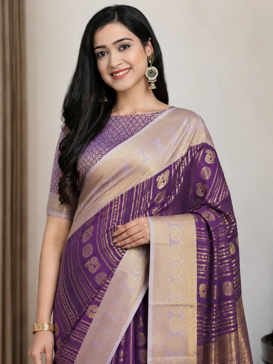 Royal Wine Purple Paithani Silk Saree with Peacock Motifs & Silver Zari Border