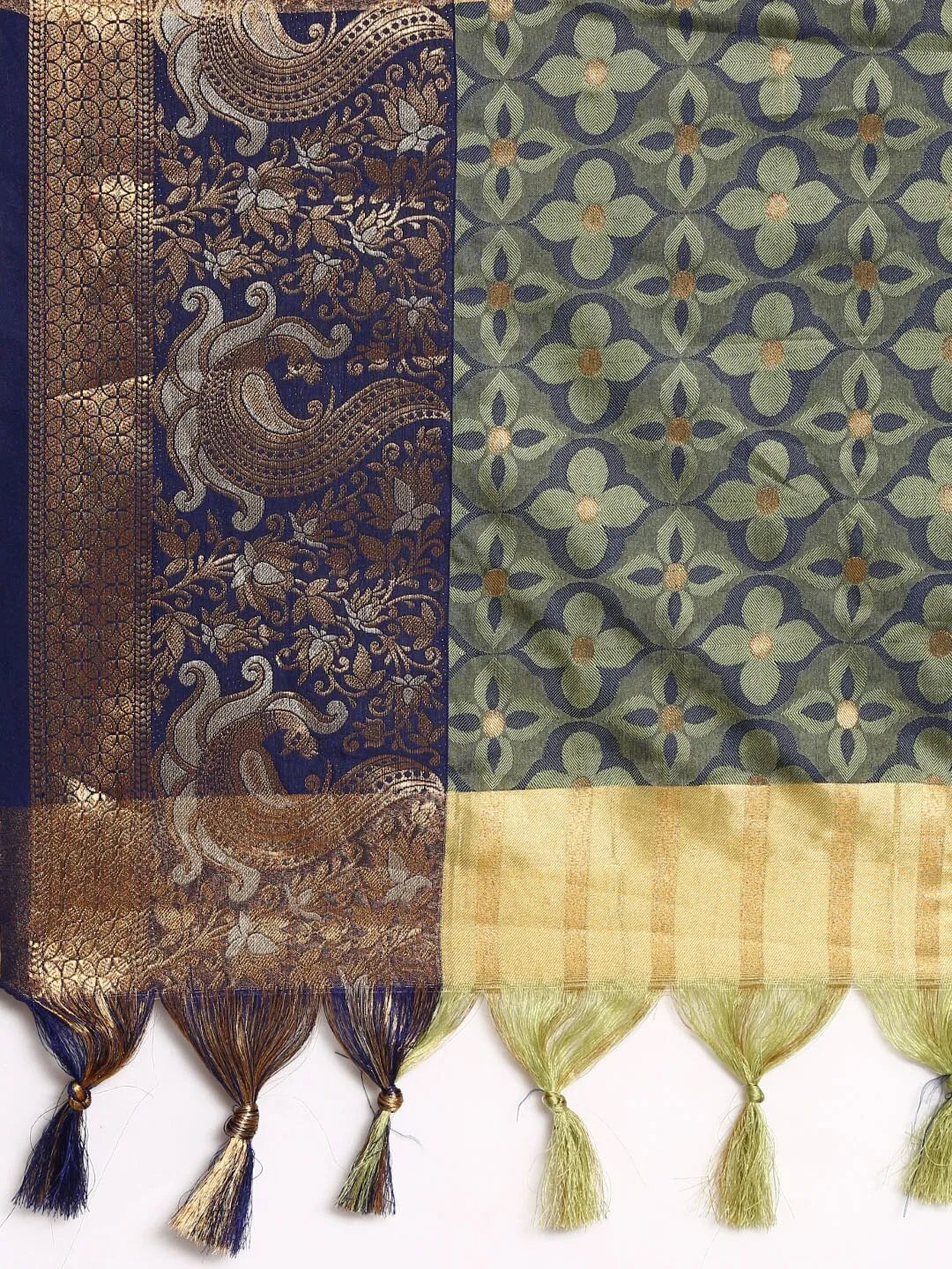 Olive Green Banarasi Silk Saree with Royal Blue Peacock Zari Border