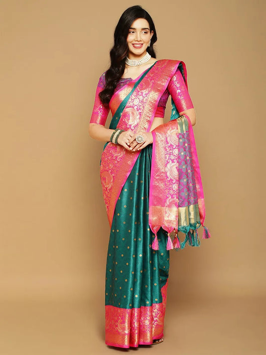 Peacock Green Banarasi Silk Saree with Rani Pink Peacock Zari Border