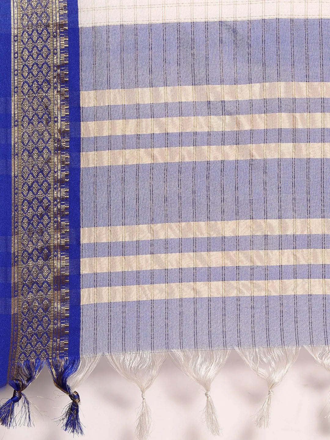 Nikhila Ivory White Saree with Royal Blue Heritage Border & Silver Pallu