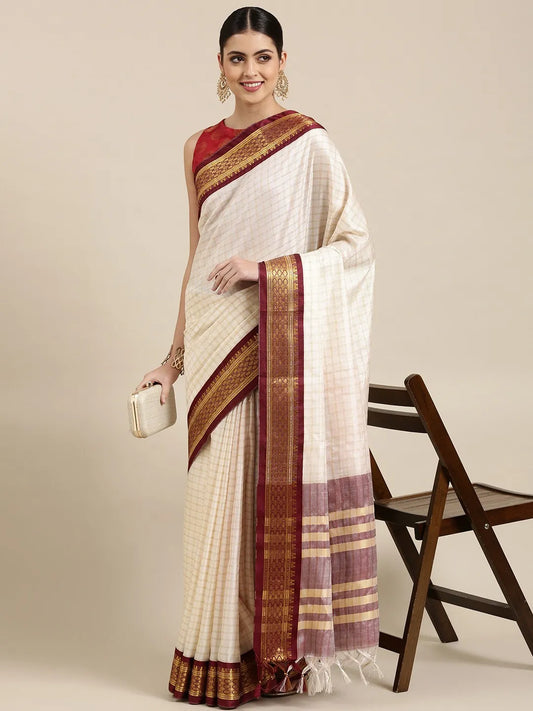 Nikhila Ivory White Saree with Royal Maroon Heritage Border & Mauve Striped Pallu