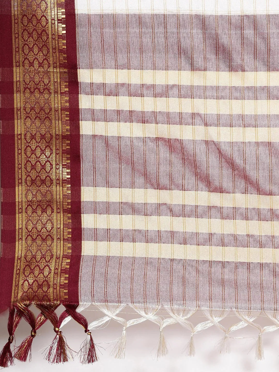 Nikhila Ivory White Saree with Royal Maroon Heritage Border & Mauve Striped Pallu