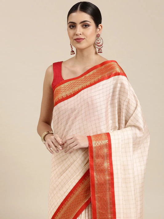 Nikhila Ivory White Saree with Vermilion Red Heritage Border & Rose Red Striped Pallu