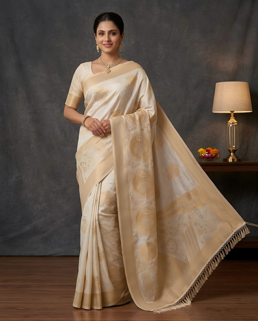 Royal Ivory Self Woven Banarasi Silk Saree Onam