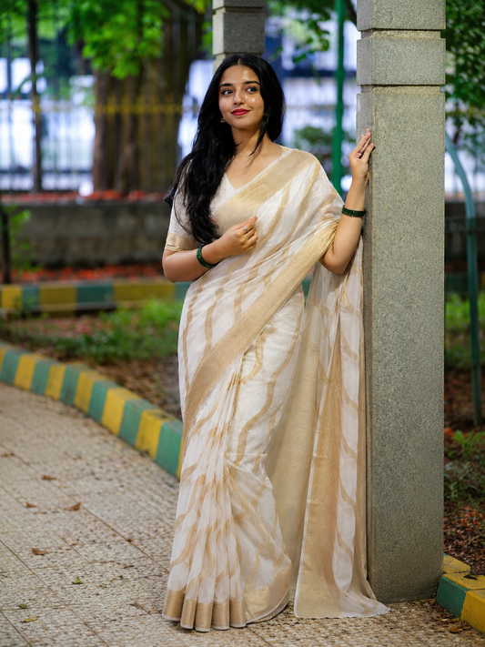 Elegant Off White Gold Zari Woven Saree with Rich Border | Premium Festive & Wedding Wear