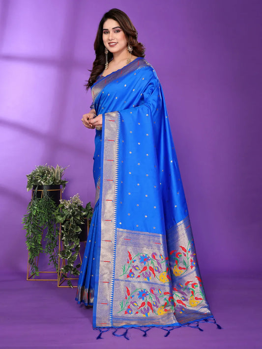 Royal Blue Paithani Silk Saree with Silver Zari Border & Multicolor Floral Pallu