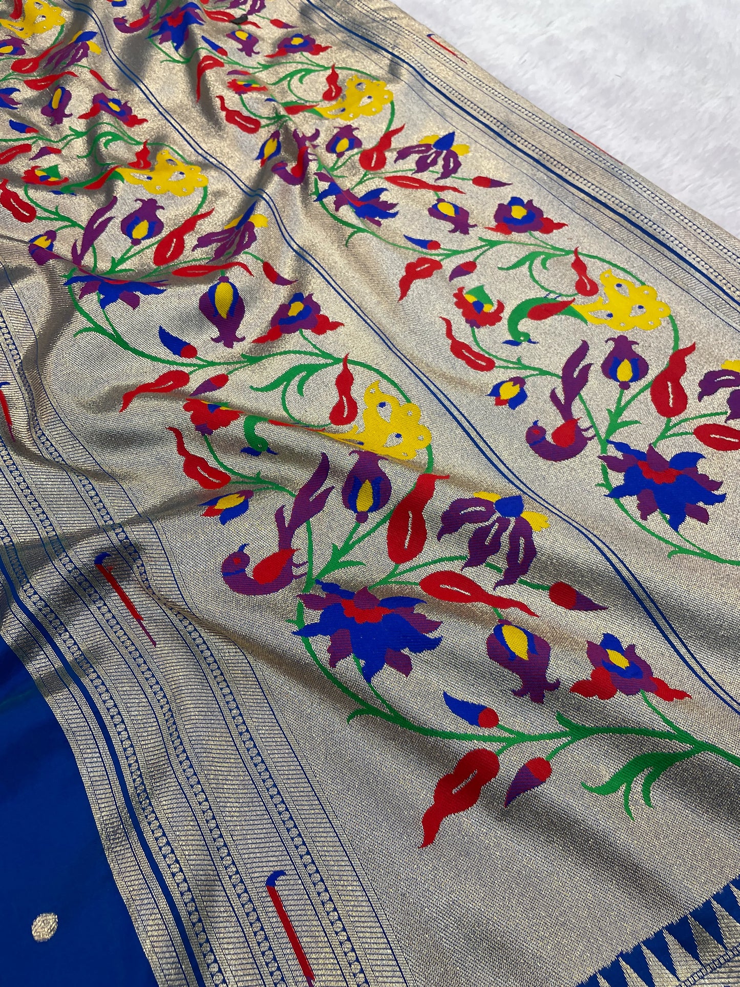 Royal Blue Paithani Silk Saree with Silver Zari Border & Multicolor Floral Pallu