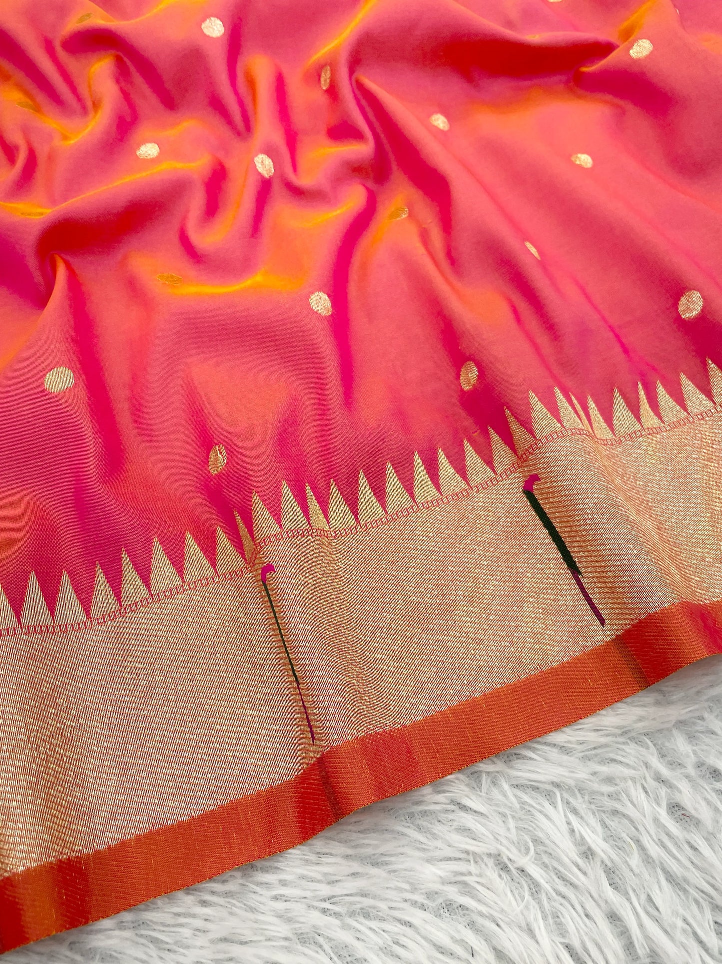 Gajri Pink Paithani Silk Saree with Gold Zari Border & Multicolor Floral Pallu
