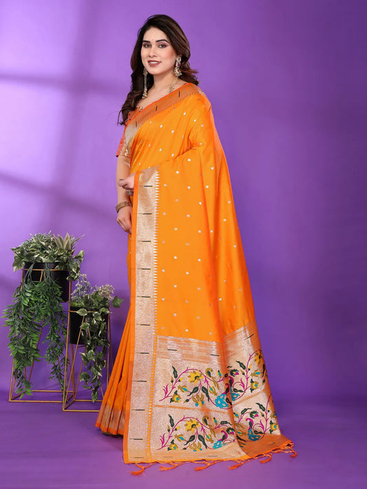 Mustard Yellow Paithani Silk Saree with Gold Zari Border & Multicolor Floral Pallu