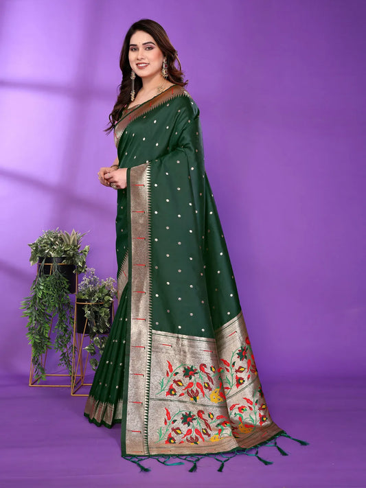 Bottle Green Paithani Silk Saree with Gold Zari Border & Multicolor Floral Pallu