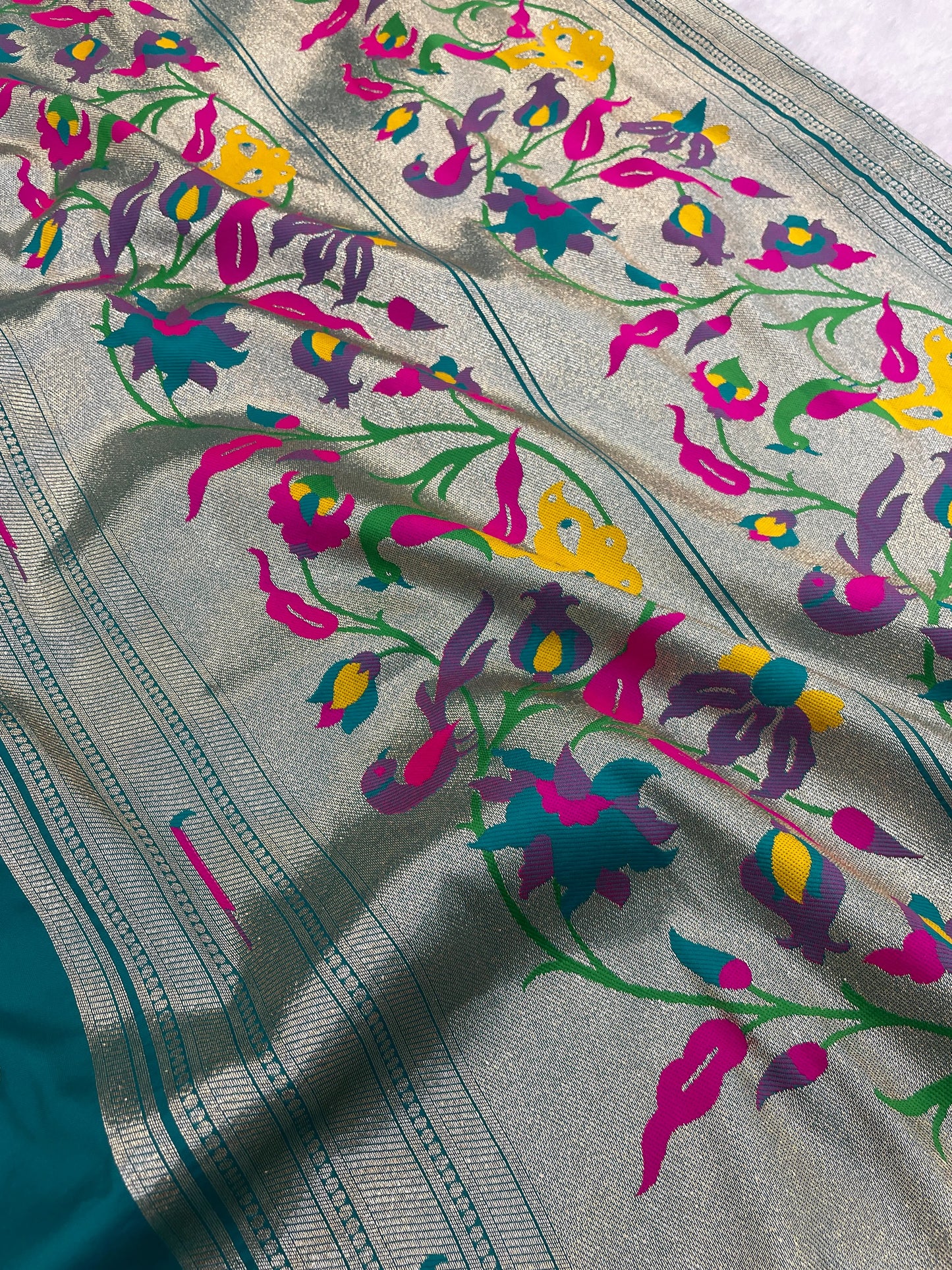 Rama Green Paithani Silk Saree with Silver Zari Border & Multicolor Floral Pallu