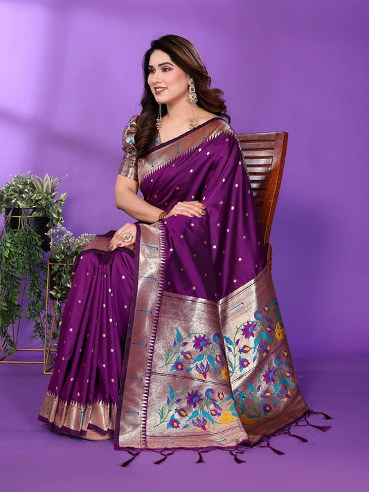 Royal Purple Paithani Silk Saree with Silver Zari Border & Multicolor Floral Pallu