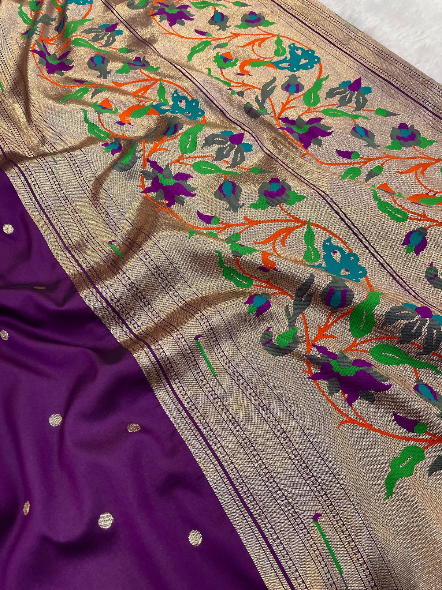 Royal Purple Paithani Silk Saree with Silver Zari Border & Multicolor Floral Pallu