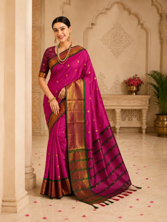 Rani Pink Cotton Silk Saree with Green Zari Border & Contrast Brown Blouse