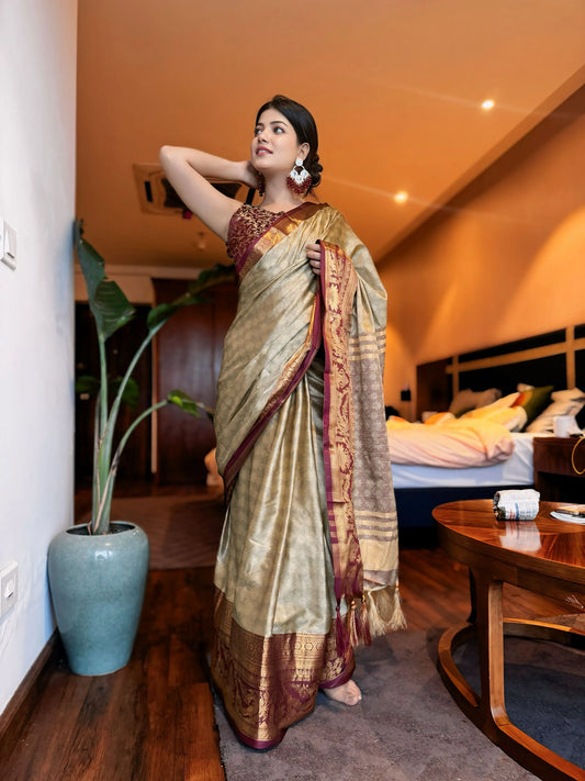 Chiku Gold Kanjivaram Silk Saree with Wine Zari Border & Peacock Motifs