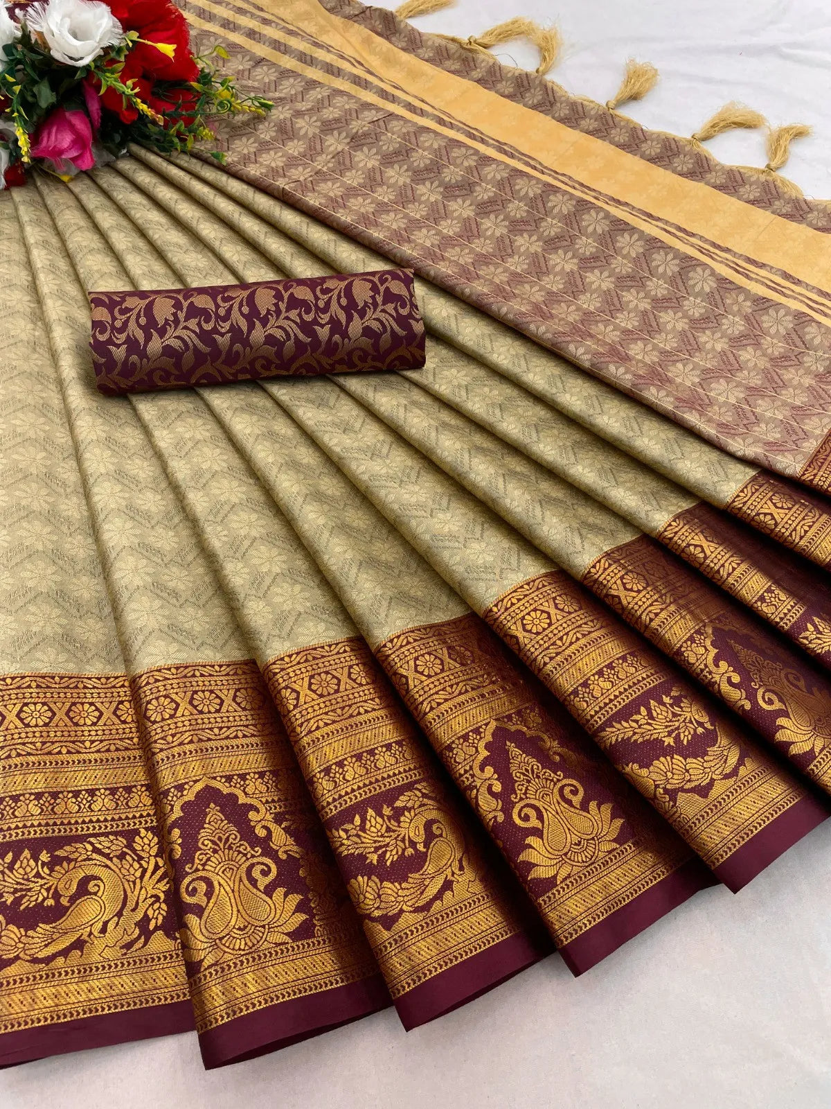 Chiku Gold Kanjivaram Silk Saree with Wine Zari Border & Peacock Motifs