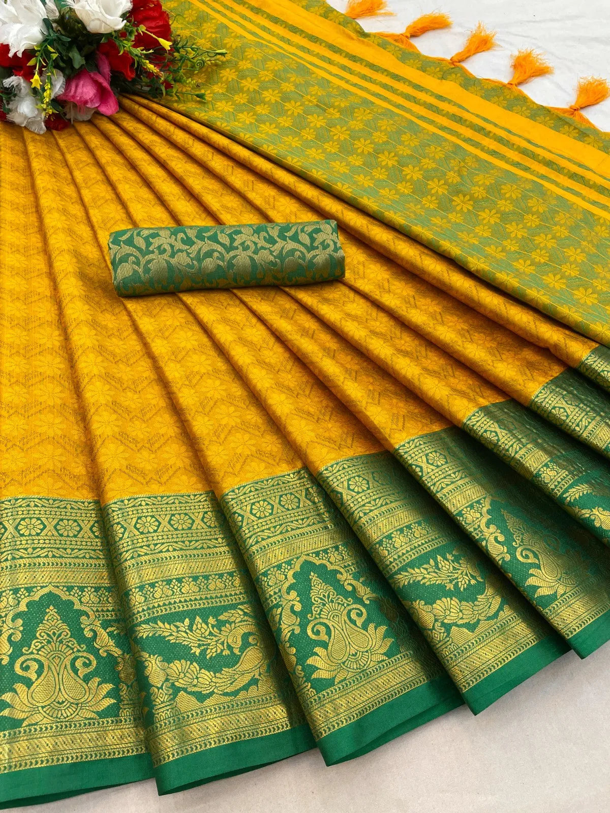 Mustard Yellow Kanjivaram Silk Saree with Emerald Green Peacock Border & Grand Woven Pallu