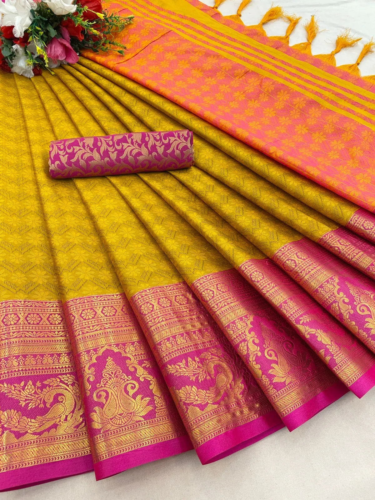 Mustard Gold Kanjivaram Silk Saree with Rani Pink Peacock Border & Rich Woven Pallu