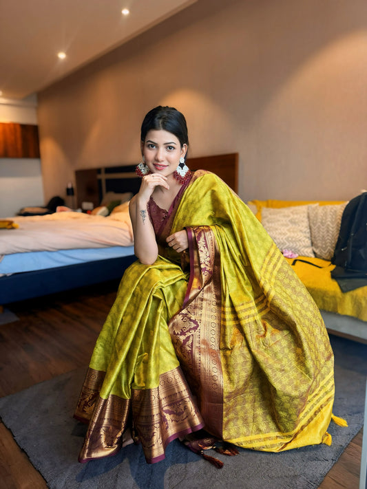 Lemon Wine Kanjivaram Silk Saree with Wine Peacock Border & Heritage Zari Pallu