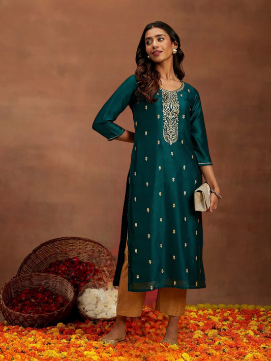 Teal Gold Embroidered Silk Straight Kurti
