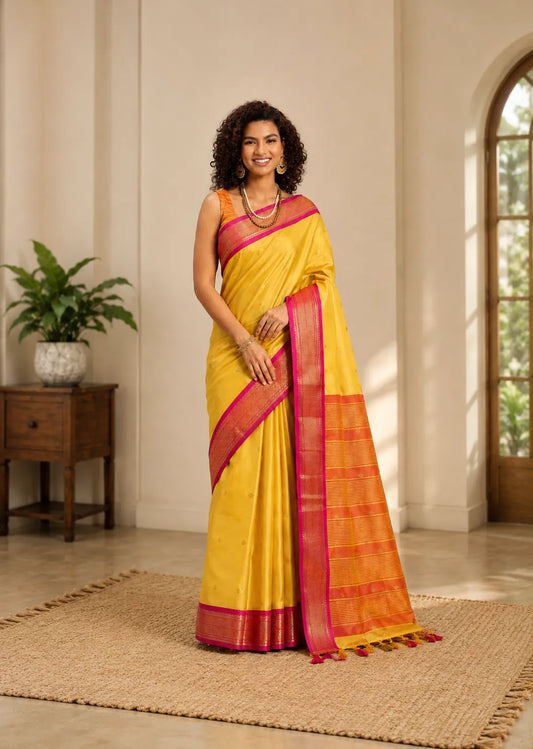 Golden Yellow Cotton Silk Saree with Rani Pink Zari Border & Peach Contrast Blouse