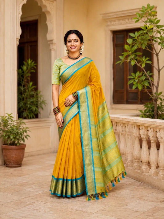 Bright Marigold Yellow Cotton Silk Saree with Aqua Blue Zari Border & Mint Green Contrast Blouse