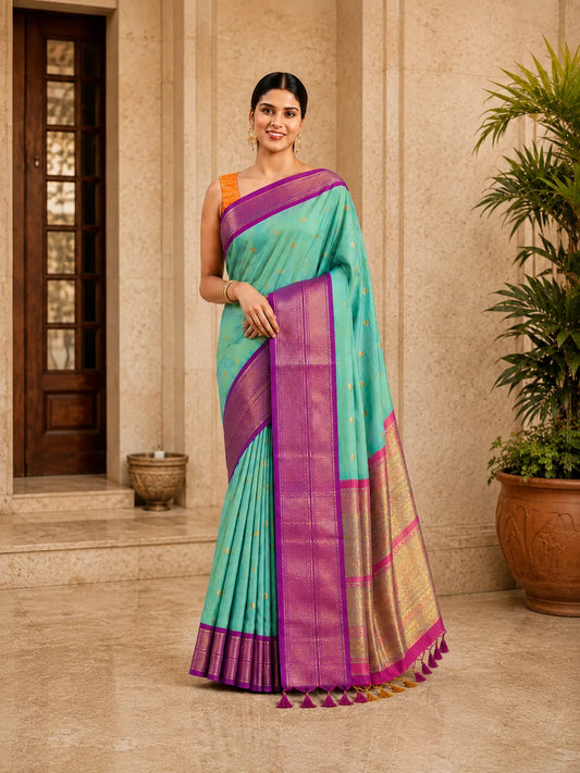 Mint Green Cotton Silk Saree with Gold Butti & Magenta Zari Border