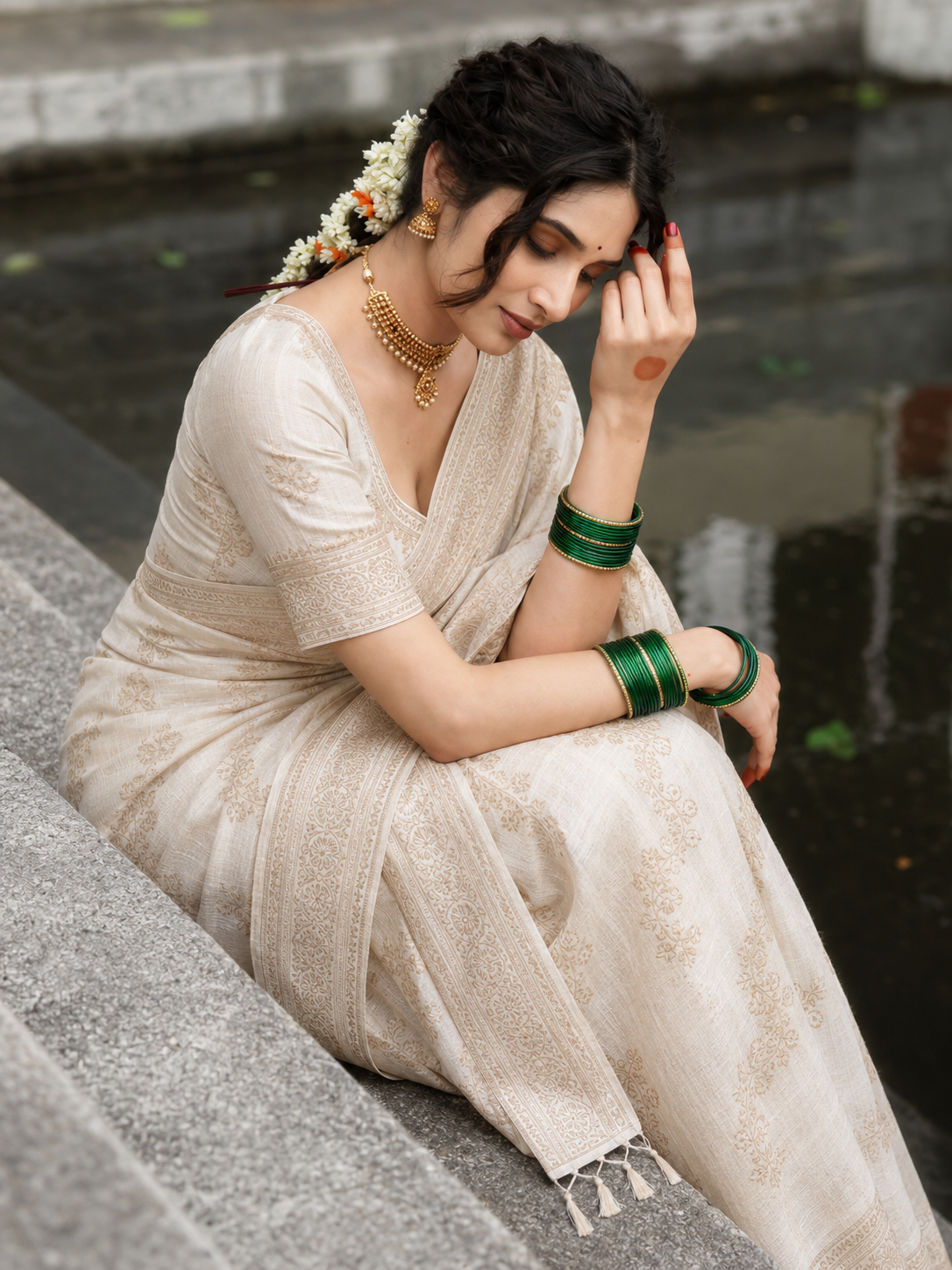 Ivory Woven Premium Silk Saree with Antique Gold Border | Onam Special Collection
