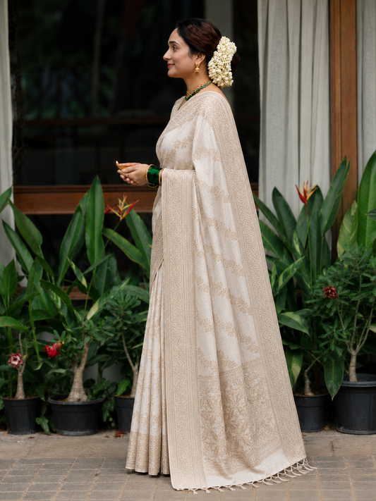 Ivory Woven Premium Silk Saree with Antique Gold Border | Onam Special Collection