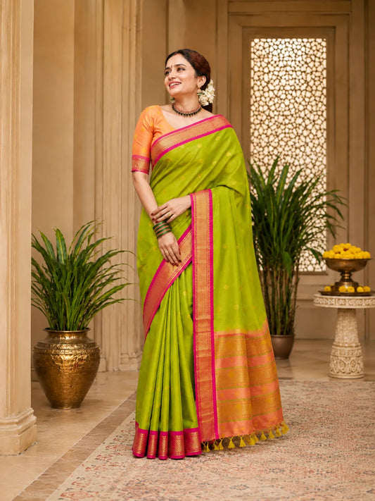 Olive Green Cotton Silk Saree with Pink Zari Border & Contrast Peach Pallu