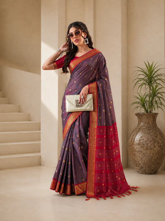 Smoky Grey Cotton Silk Saree with Ruby Red Zari Border & Contrast Red Blouse
