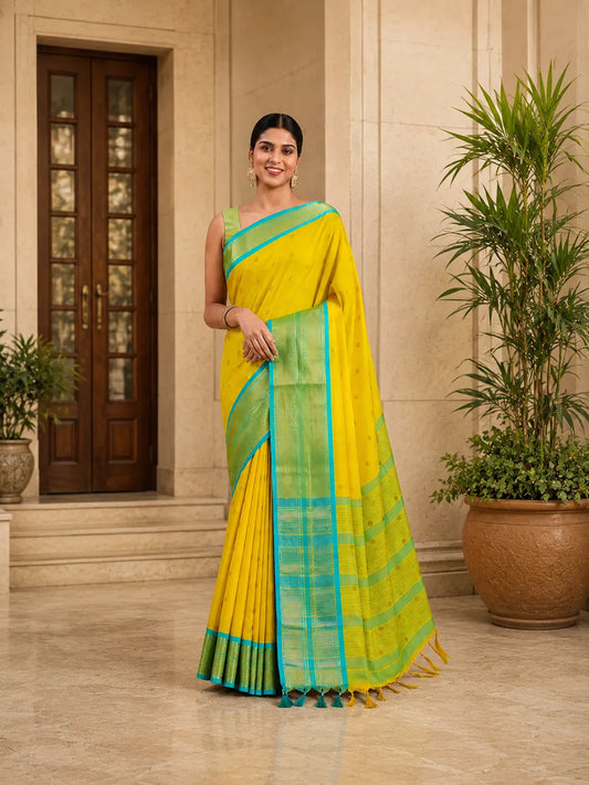 Sunshine Yellow Cotton Silk Saree with Aqua Blue Zari Border & Contrast Mint Blouse