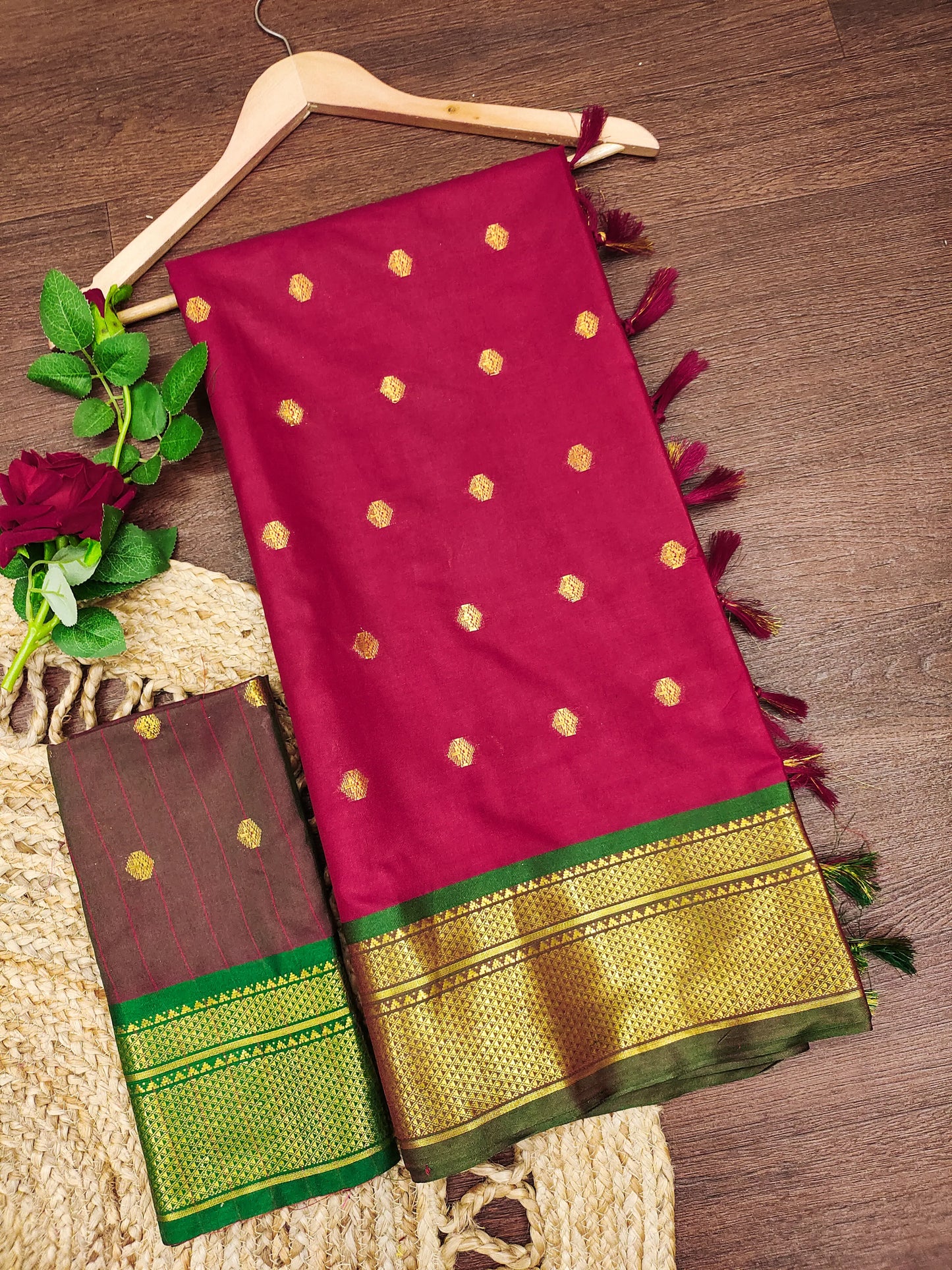 Rani Pink Cotton Silk Saree with Gold Zari Butti & Contrast Brown Pallu