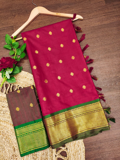 Rani Pink Cotton Silk Saree with Gold Zari Butti & Contrast Brown Pallu