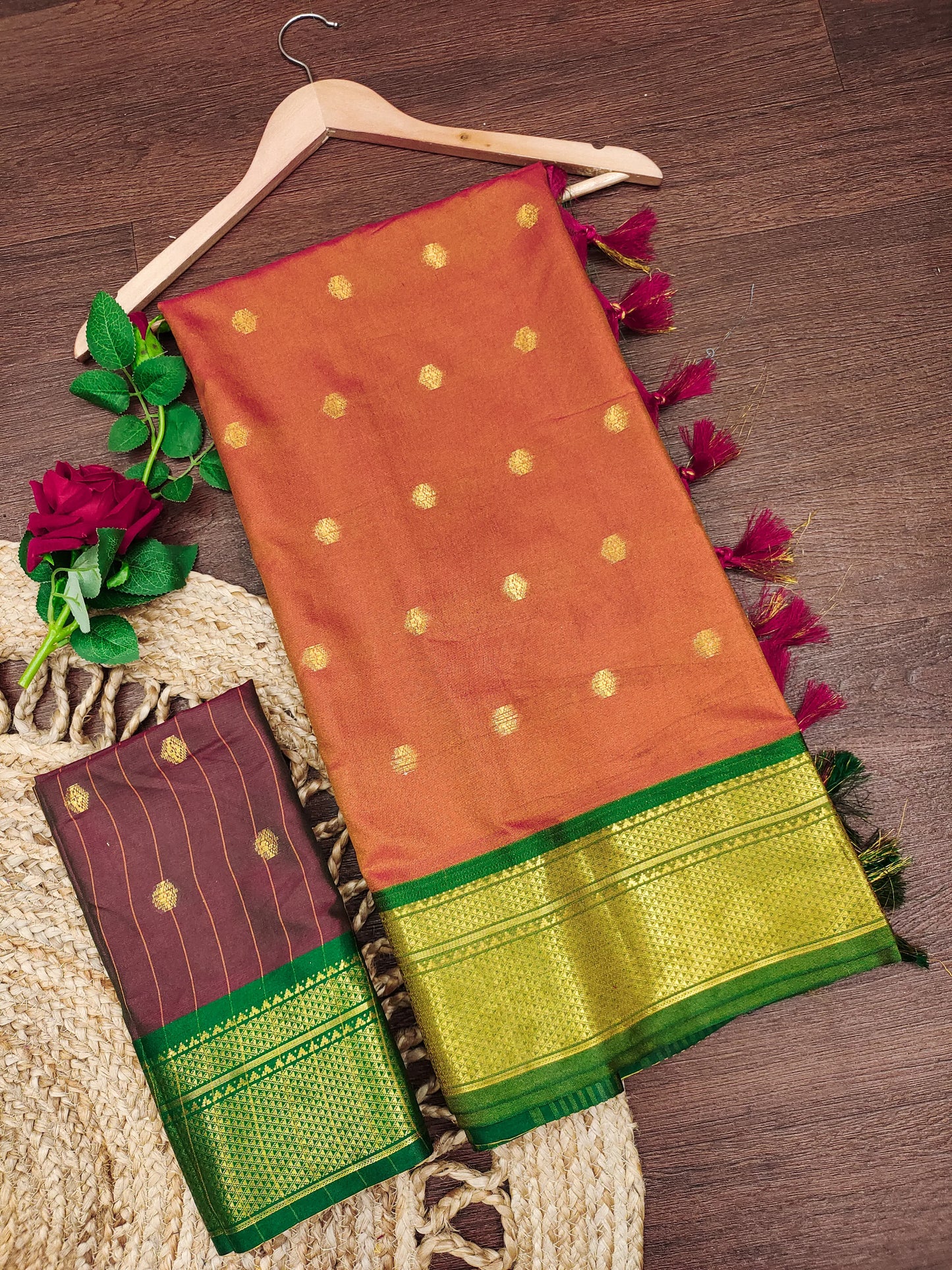Copper Orange Cotton Silk Saree with Emerald Green Zari Border & Wine Contrast Blouse