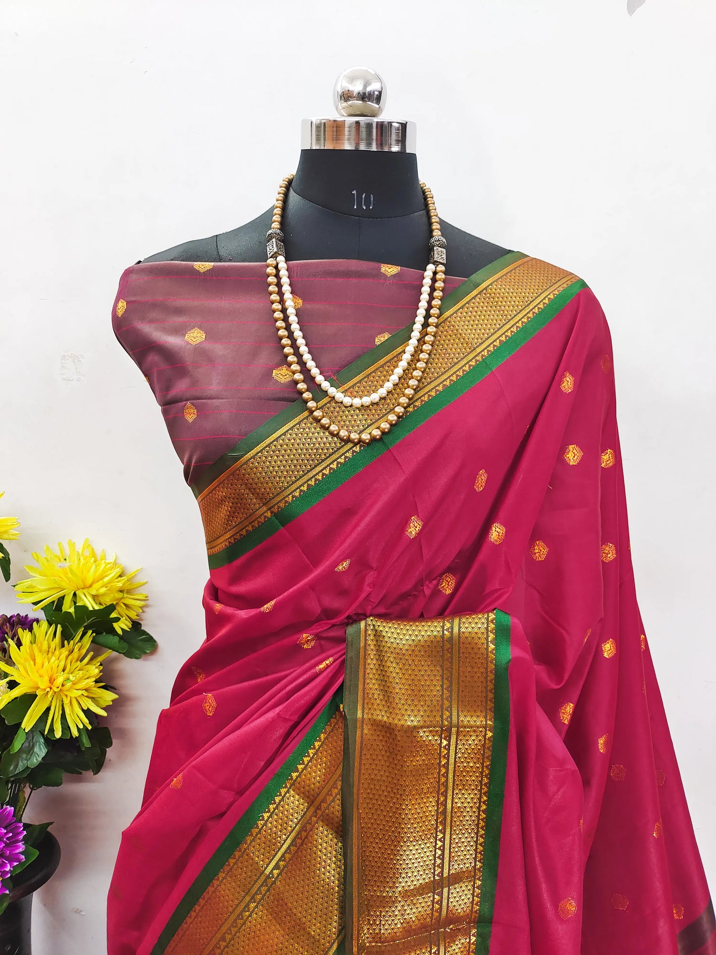 Rani Pink Cotton Silk Saree with Gold Zari Butti & Contrast Brown Pallu