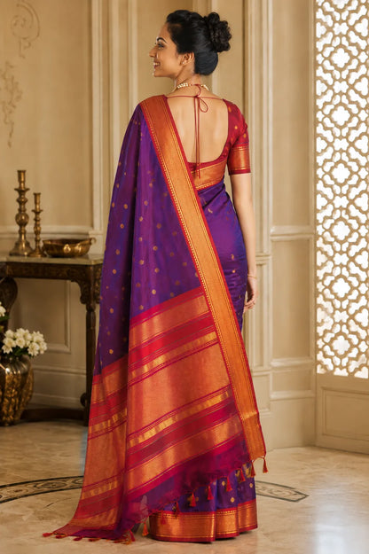 Royal Purple Cotton Silk Saree with Rani Pink Zari Border & Contrast Pink Blouse