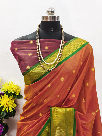 Copper Orange Cotton Silk Saree with Emerald Green Zari Border & Wine Contrast Blouse