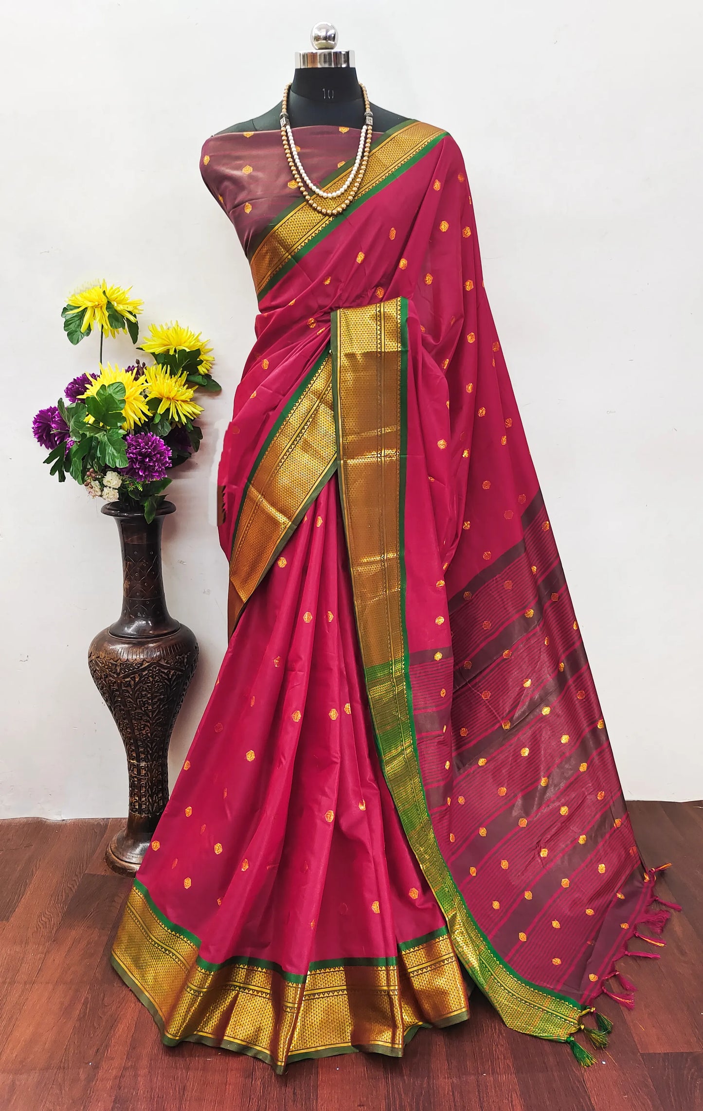 Rani Pink Cotton Silk Saree with Gold Zari Butti & Contrast Brown Pallu