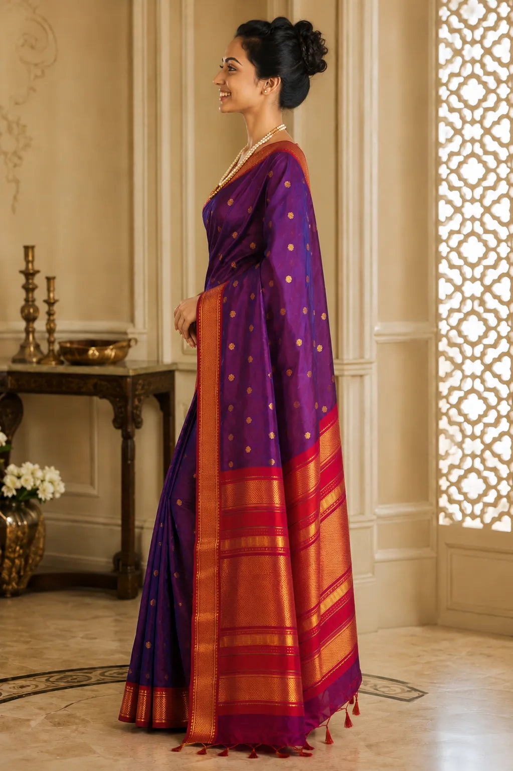 Royal Purple Cotton Silk Saree with Rani Pink Zari Border & Contrast Pink Blouse