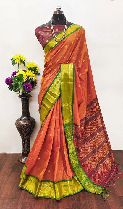 Copper Orange Cotton Silk Saree with Emerald Green Zari Border & Wine Contrast Blouse