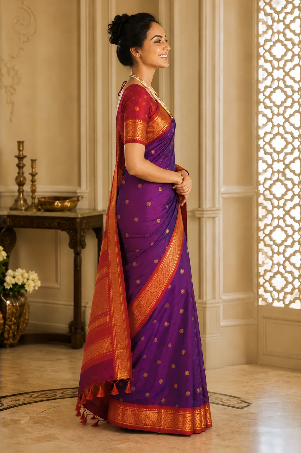 Royal Purple Cotton Silk Saree with Rani Pink Zari Border & Contrast Pink Blouse