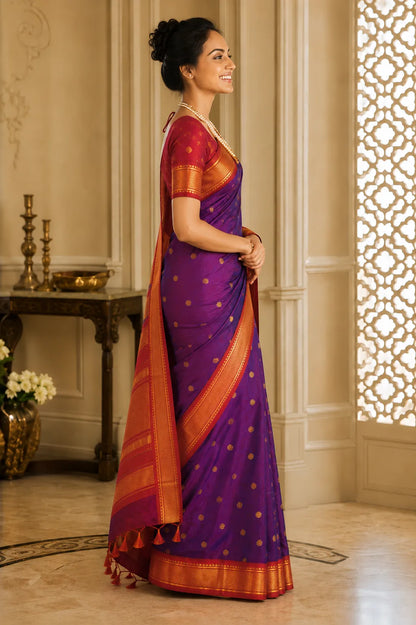 Royal Purple Cotton Silk Saree with Rani Pink Zari Border & Contrast Pink Blouse