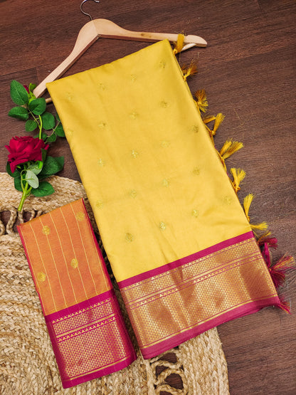Golden Yellow Cotton Silk Saree with Rani Pink Zari Border & Peach Contrast Blouse
