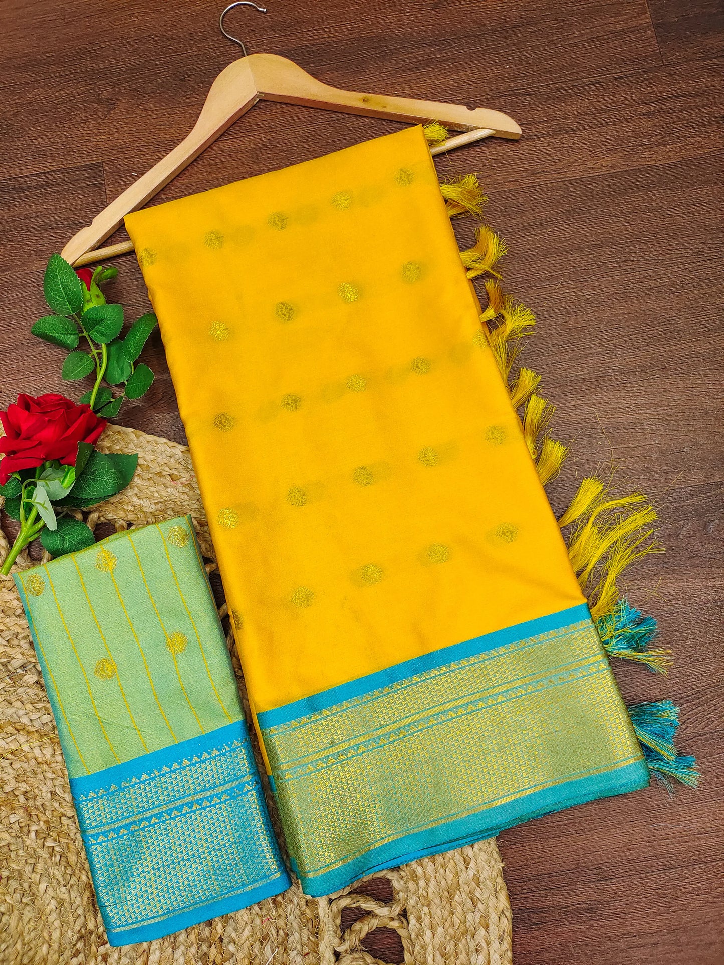 Bright Marigold Yellow Cotton Silk Saree with Aqua Blue Zari Border & Mint Green Contrast Blouse
