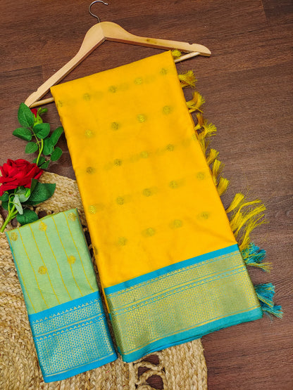 Bright Marigold Yellow Cotton Silk Saree with Aqua Blue Zari Border & Mint Green Contrast Blouse