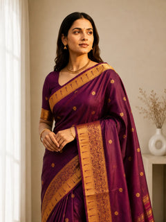 Rajnidhi Wine Purple Paithani Silk Saree with Antique Gold Floral Zari Border